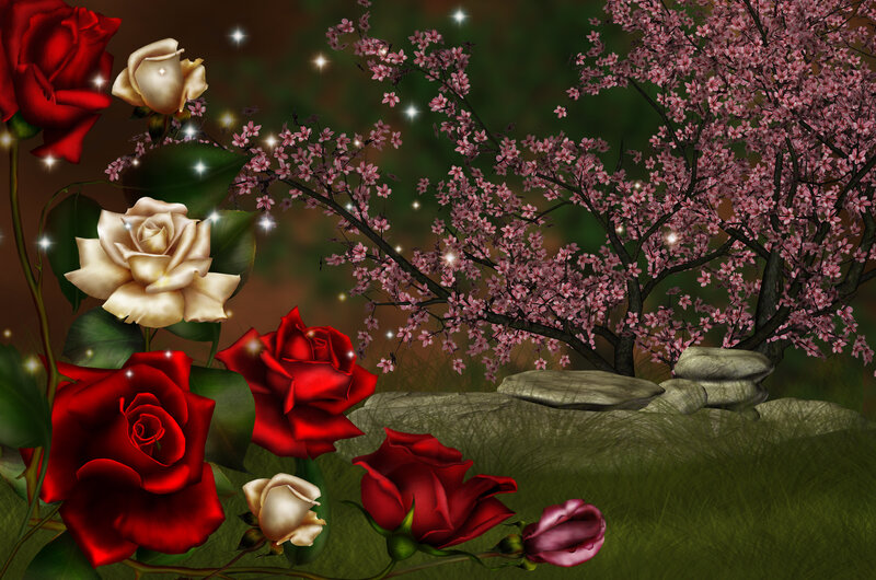 Roses and Cherry Blossoms — Red