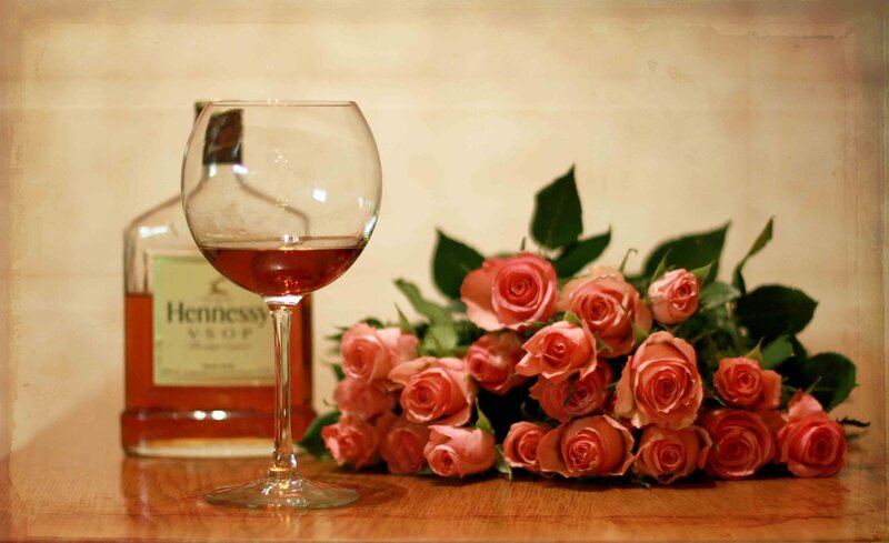Roses and Cognac Bottle