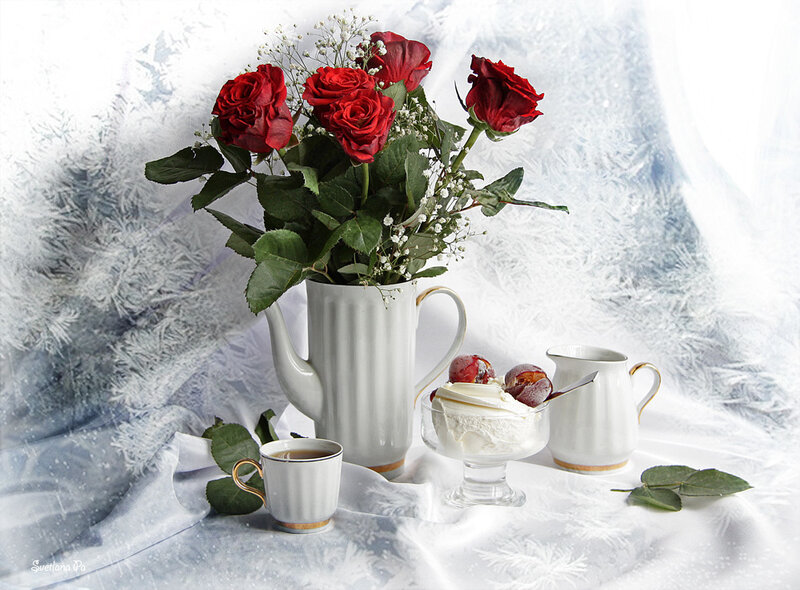 Roses and Dessert on Cloth