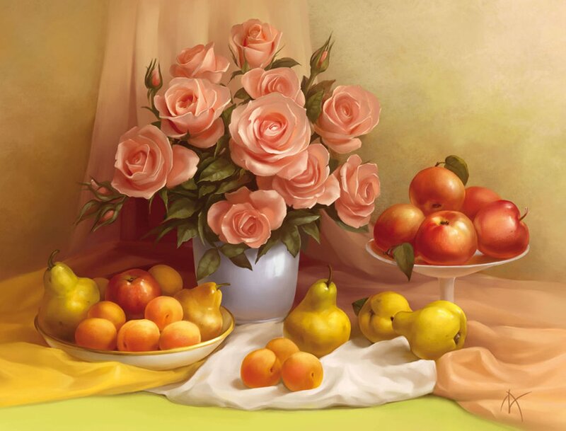 Roses and Fruit Arrangement — Pink
