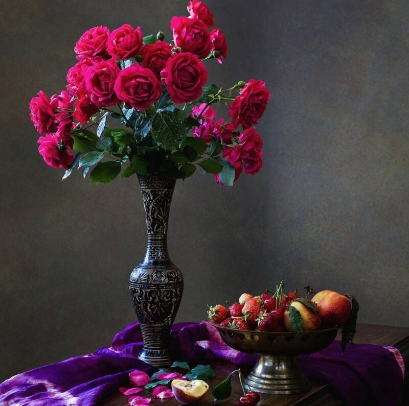 Roses and Fruit Arrangement — Purple