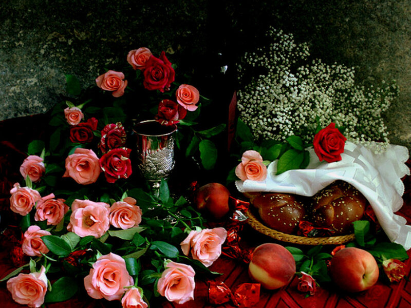 Roses and Fruit Arrangement — Red