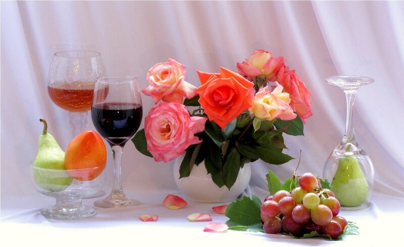 Roses and Fruit Arrangement — White