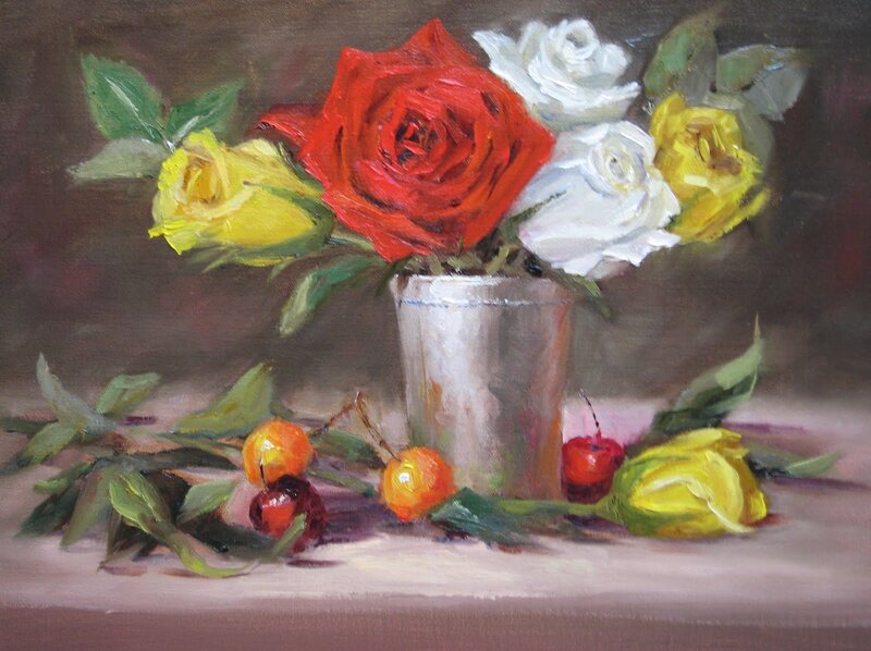 Roses and Fruit in a Vase