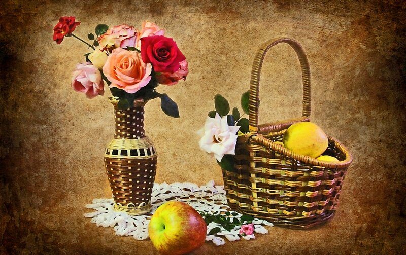 Roses and Fruit in Basket