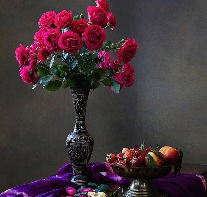 Roses and Fruit in Vase — Purple