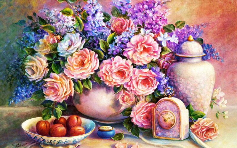 Roses and Fruit in Vase