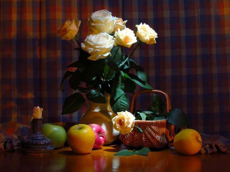 Roses and Fruit on Table — Brown