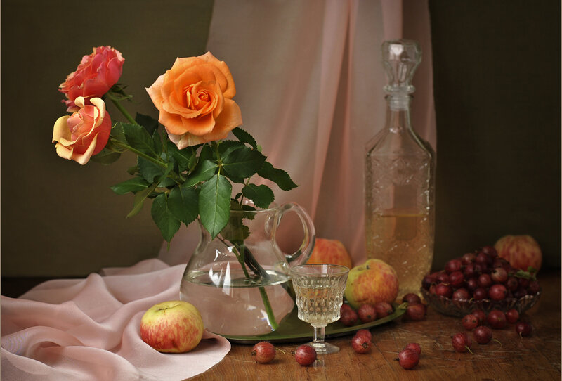Roses and Fruit on Table — Orange, Calm