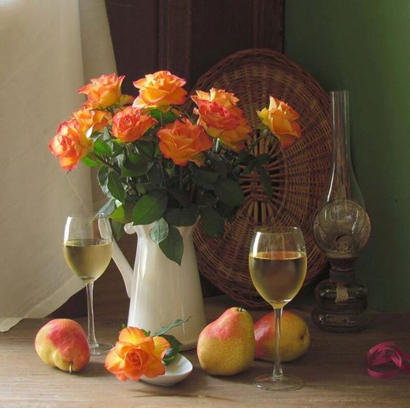 Roses and Fruit on Table — Orange