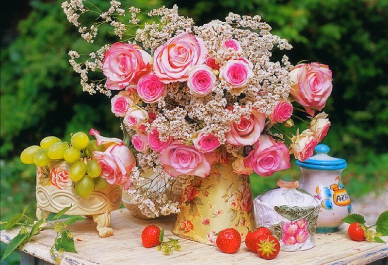 Roses and Fruit on Table — Pink