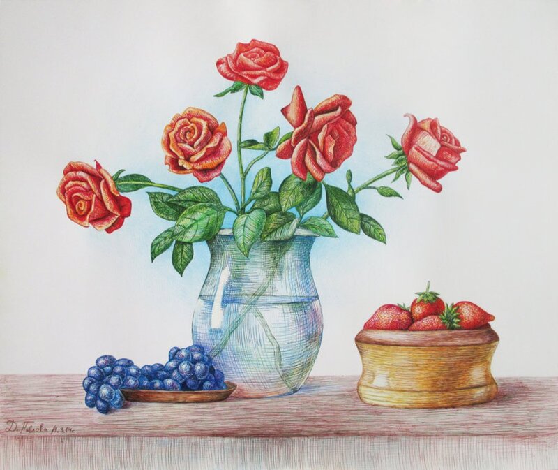 Roses and Fruit on Table — Red, Calm