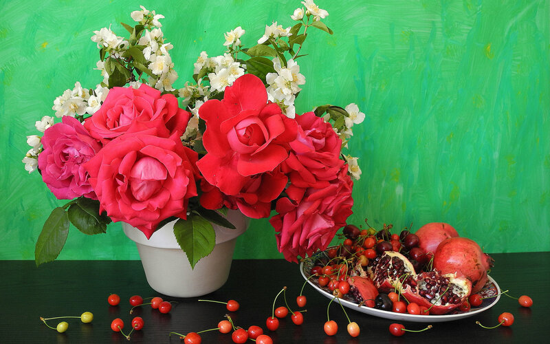 Roses and Fruit on Table — Red