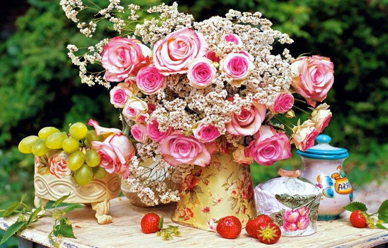 Roses and Fruit on Table
