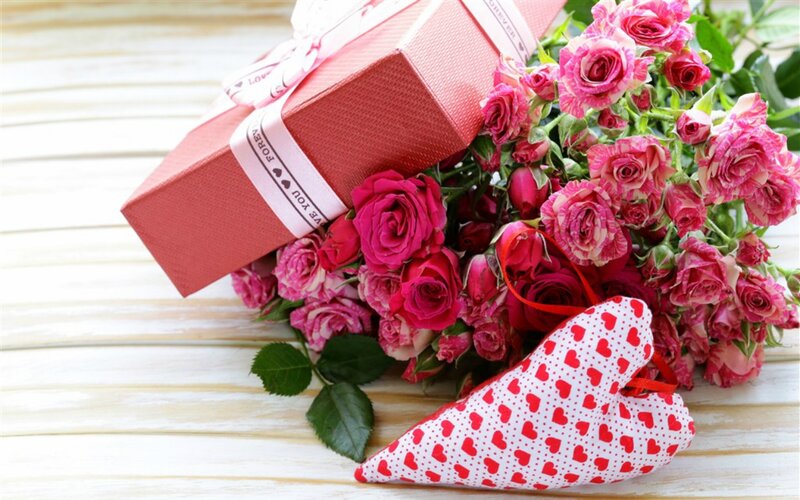 Roses and Gift Box — Pink, Romantic, Photograph, Heart-shaped Pillow