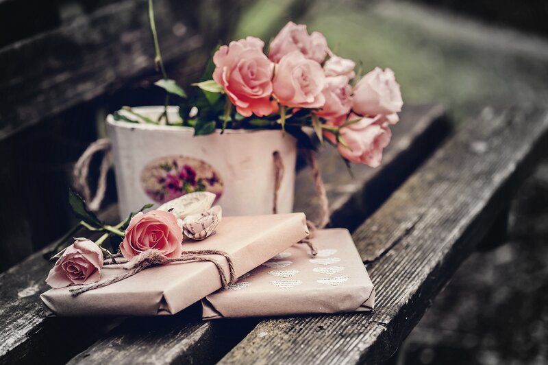 Roses and Gifts on Bench — Pink