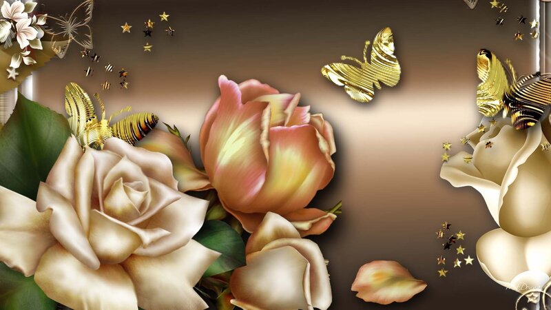 Roses and Golden Butterflies — Gold