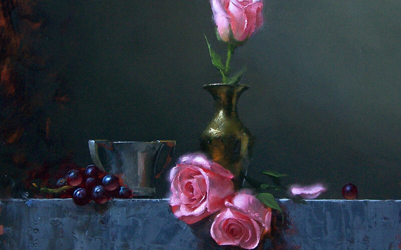 Roses and Grapes in Vase — Pink