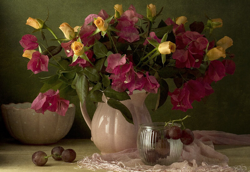 Roses and Grapes in Vase