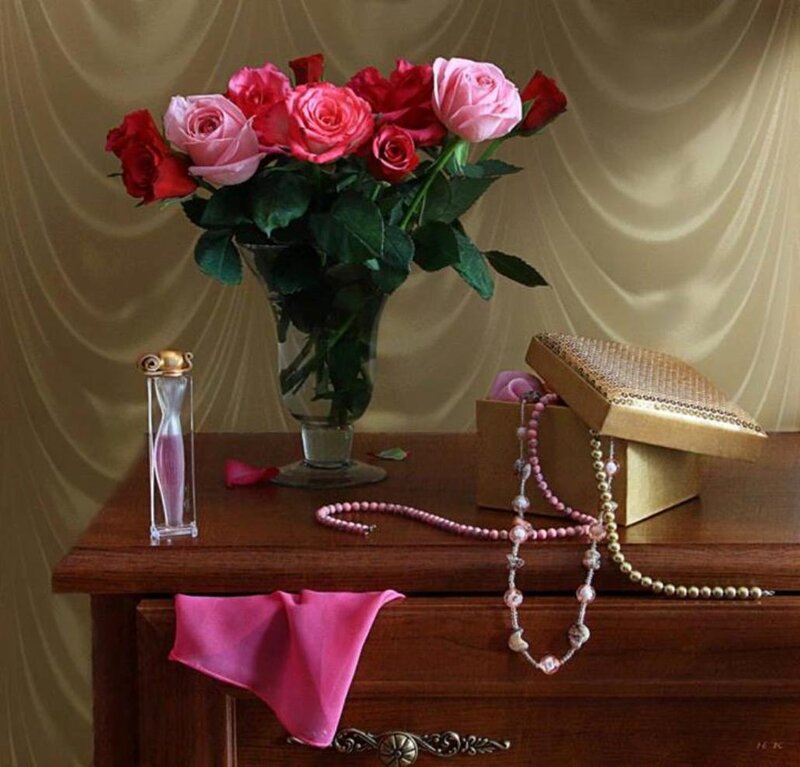 Roses and Jewelry on Table