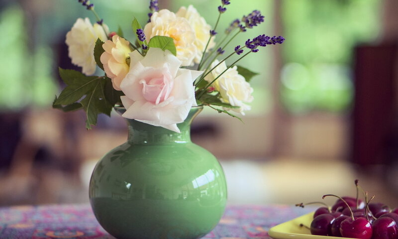 Roses and Lavender in Vase