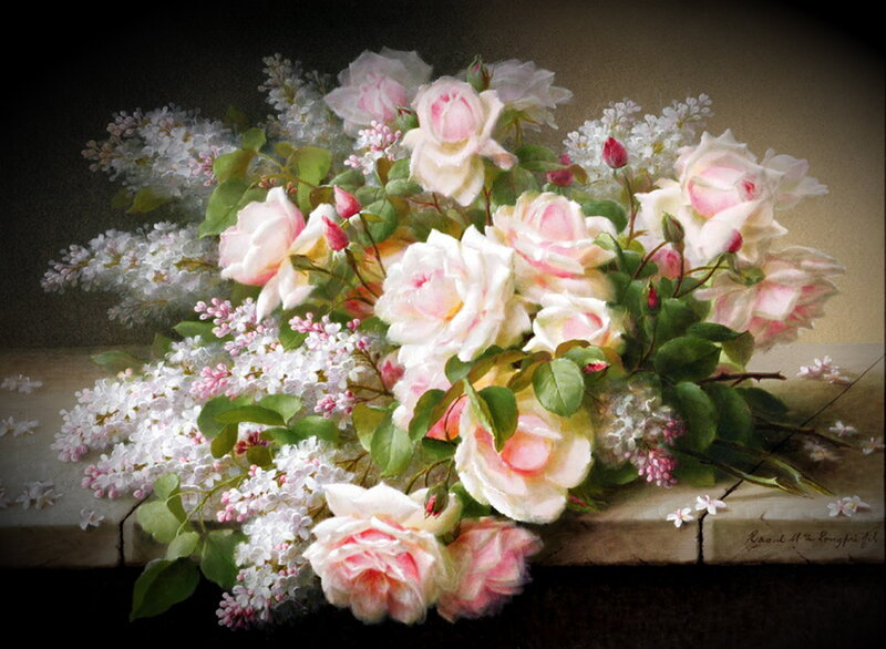 Roses and Lilacs Bouquet — Pink, Serene, Painting