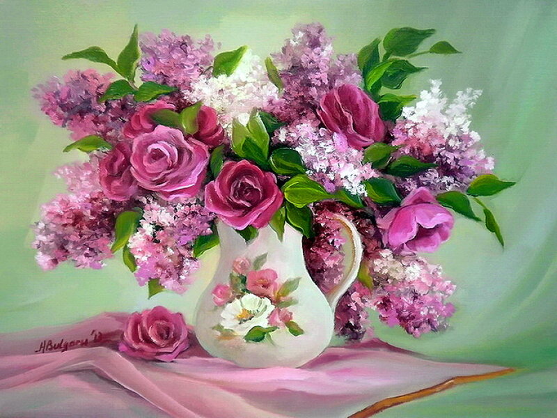 Roses and Lilacs in Vase — Pink, Serene