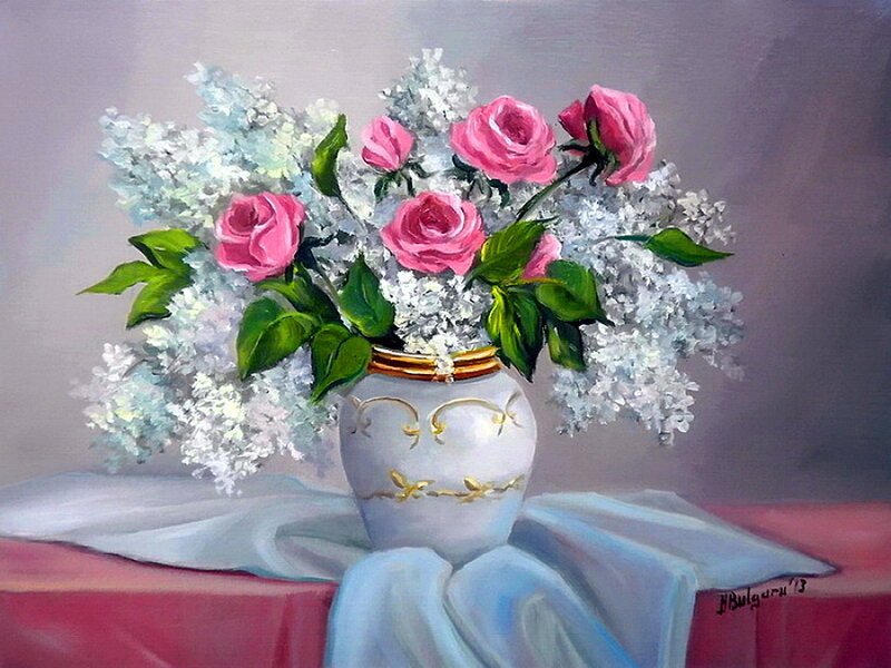 Roses and Lilacs in Vase — Pink
