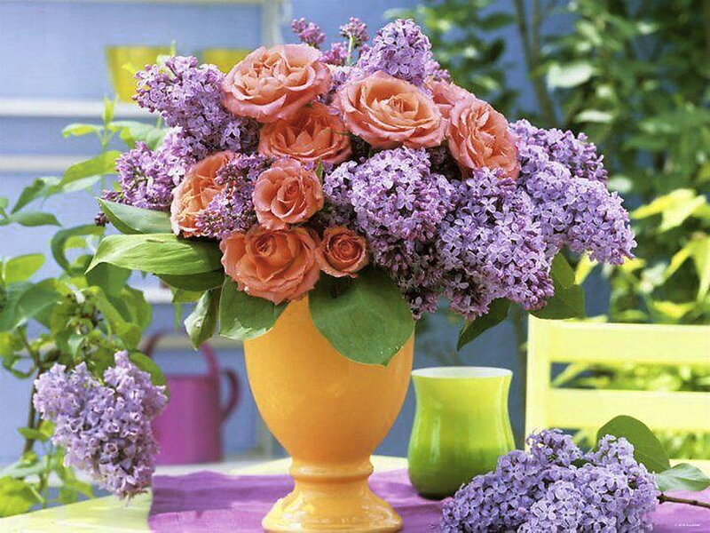Roses and Lilacs in Vase — Purple