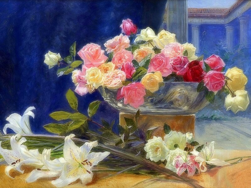 Roses and Lilies in Vase — Blue, Dramatic
