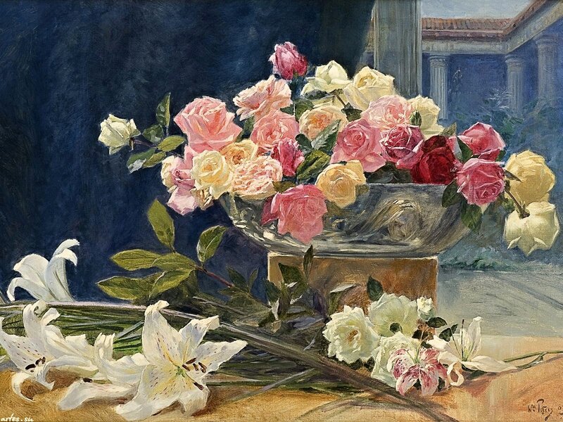 Roses and Lilies in Vase — Blue