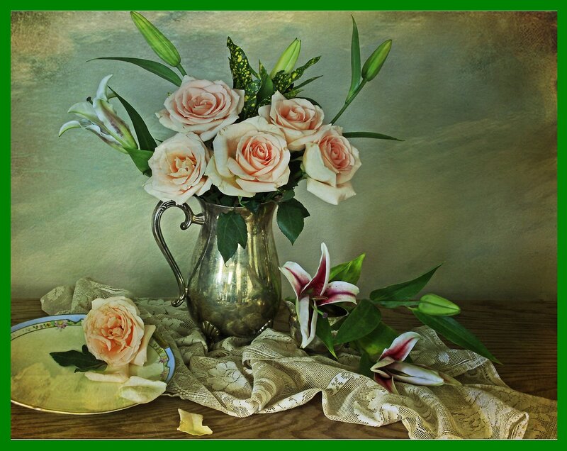Roses and Lilies in Vase — Pink