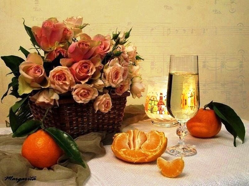 Roses and Oranges in Basket