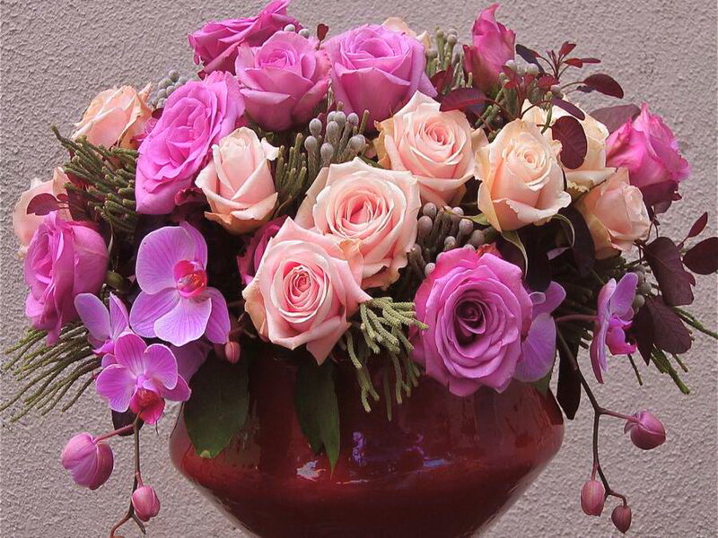 Roses and Orchids in Vase — Pink, Calm, Photograph