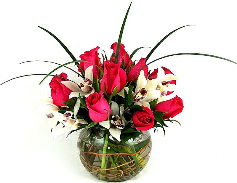 Roses and Orchids in Vase — Red