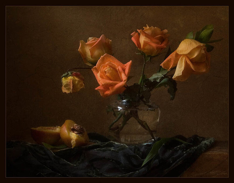 Roses and Peaches in Vase