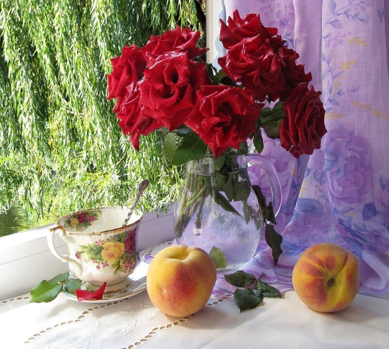 Roses and Peaches on Windowsill