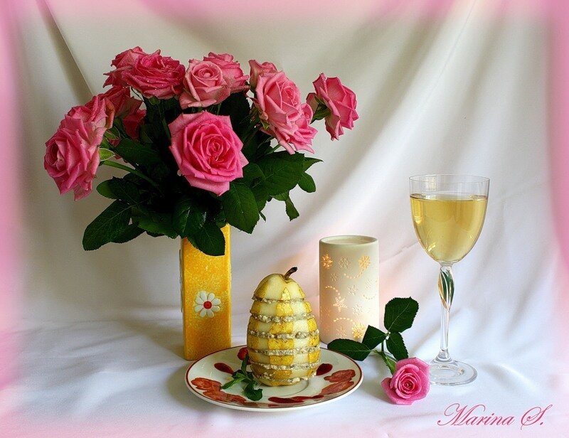 Roses and Pear on Table