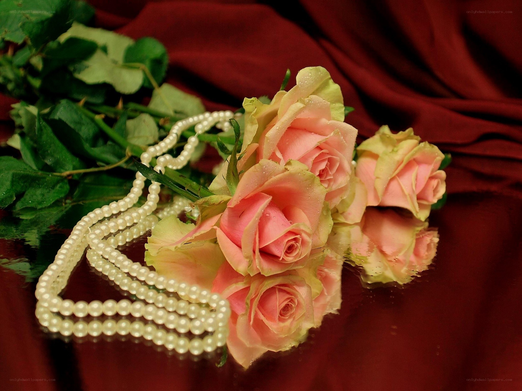 roses and pearls on red
