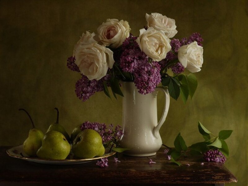 Roses and Pears in Vase