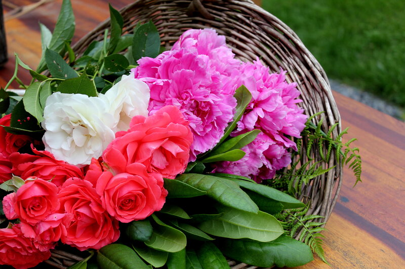 Roses and Peonies in Basket