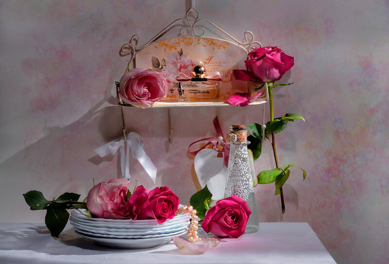 Roses and Perfume on Shelf — Pink