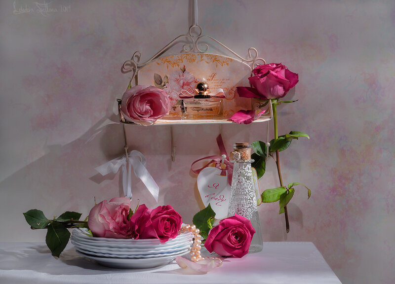 Roses and Perfume on Shelf