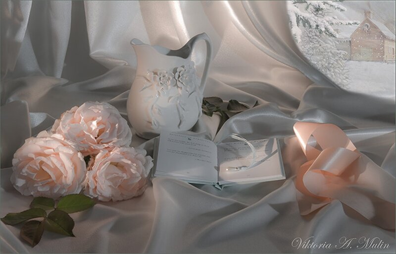 Roses and Pitcher on Fabric