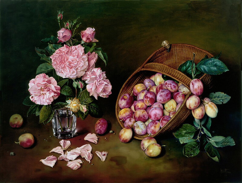 Roses and Plums in Basket