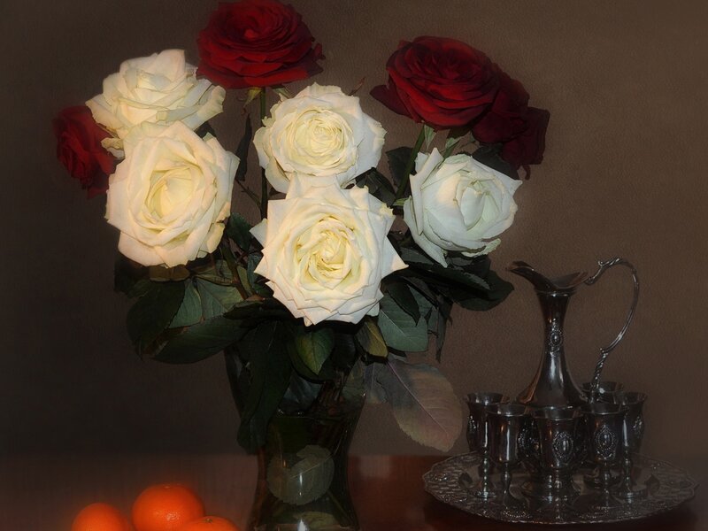 Roses and silver pitcher