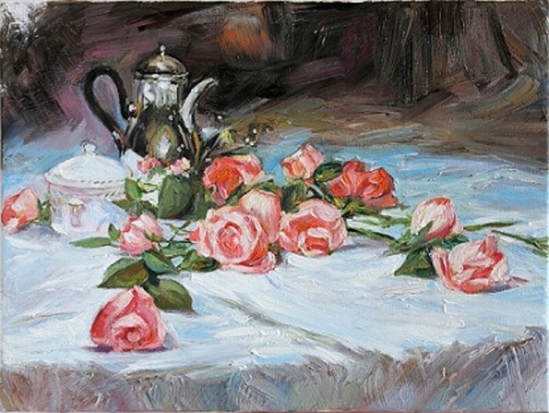Roses and Silver Teapot
