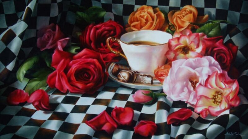Roses and Tea Cup — Red, Dramatic, Painting