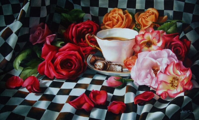 Roses and Tea Cup — Red, Dramatic