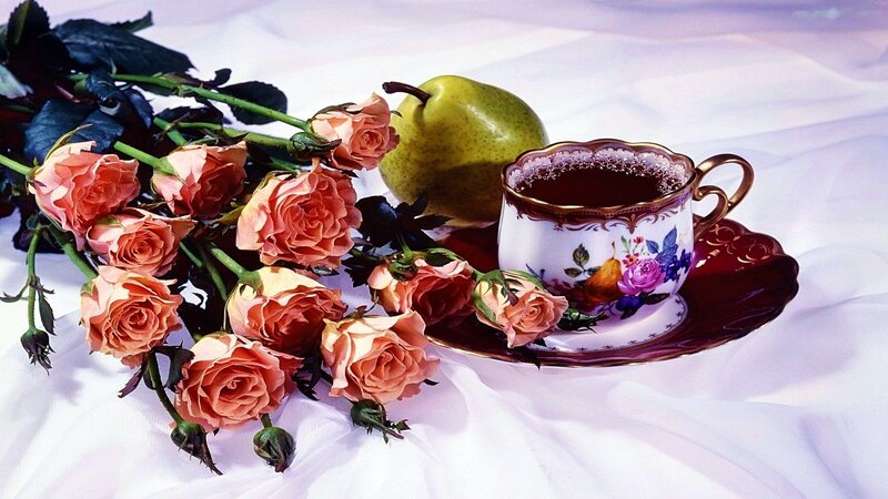 Roses and Tea Cup — White, Serene, Photograph